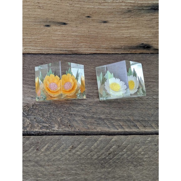 Vintage Set of Two Russ Berrie Lucite Flower Cubes - Picture 2 of 7